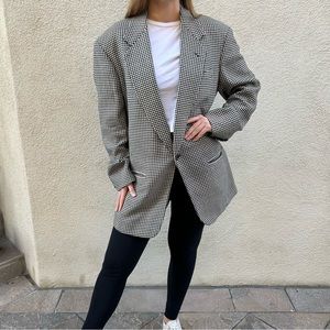 Vintage Donna Karan New York Houndstooth Blazer XL Black Cream 40